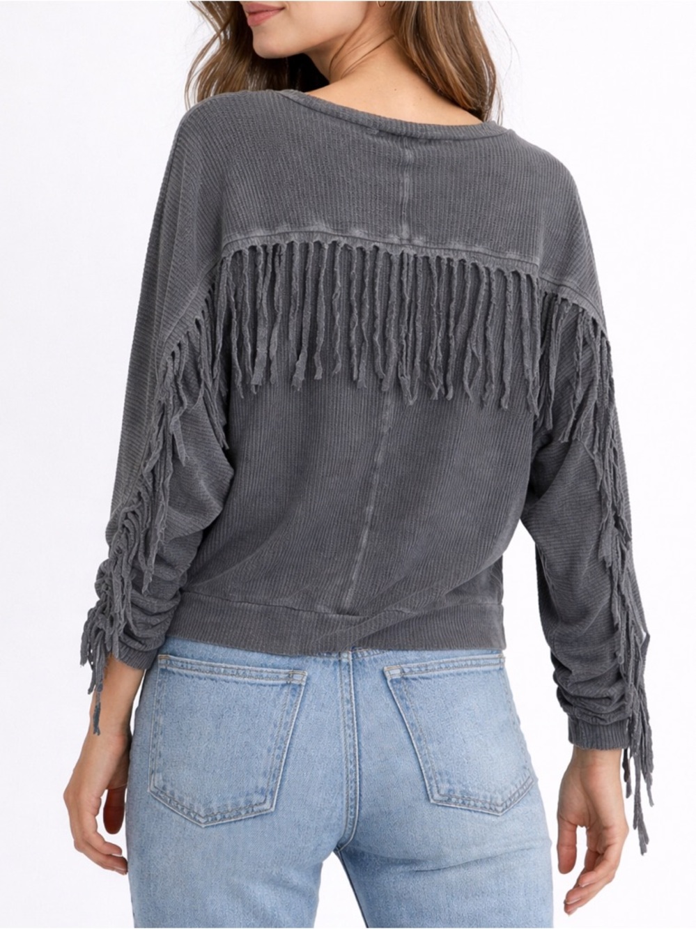 Sam & Lavi Anthropologie Gray Waffle Knit Dolman Fringe Sleeve Pullover Top XS